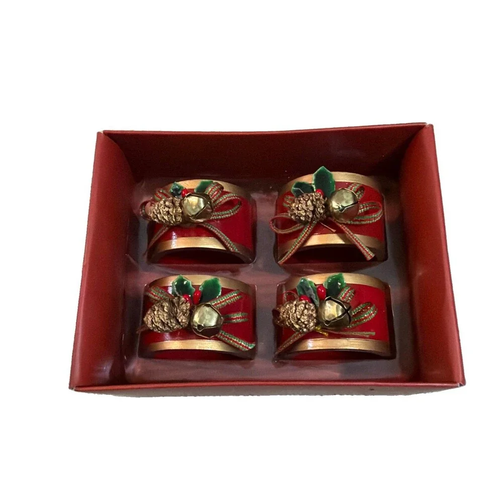 Vtg Lenox Christmas Napkin Rings Winter Greetings Set Of 4 Red & Gold Classic
